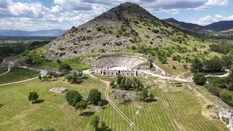 Wide Drone Pass Over Ancient Amphitheater and Ruins Stock Footage 333045189