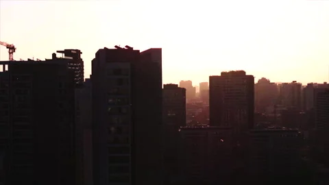 Wide drone passing in front of buildings, Santiago Video stock 340992640