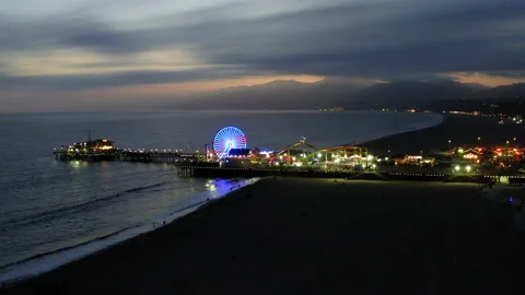 Wide Drone Push-In Shot Of Santa Monica Mountains And The Pier At Night 4K 2 Stock Footage 195556451