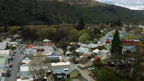 Wide drone shot of Arrowtown Stock Footage 89865979