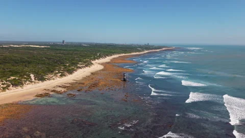 Wide Drone Shot Hovering Over Sea, Coast, Waves, Green Landscape, Coastal Road,  Stock Footage 306316185