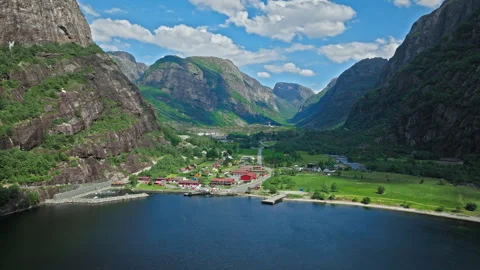 Wide drone shot over Lysebotn and Lysefjord in Norway. Stock Footage 328129862