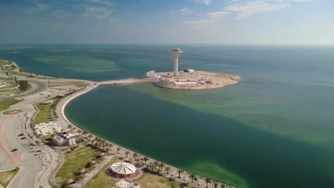Wide Drone View of Al Khobar Corniche and Coastal Waters Stock Footage 334237553