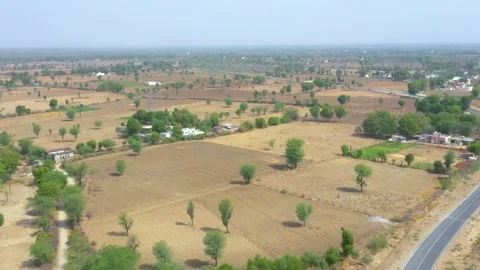 Wide Drone View of Dry Fields and Distant Houses near Jojawar Stock Footage 314974433