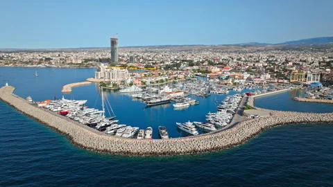 Wide drone view of Limassol Marina in Cyprus. Stock Footage 341629953