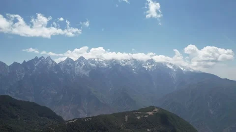Wide drone view of mountain ridge and distant snow peaks in China Stock Footage 337884266