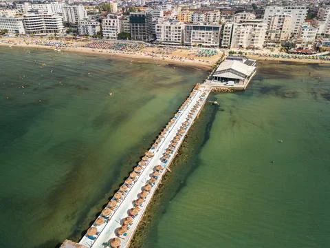 Wide Drone View of Pier Pathway and Hawaii Beach Club Durres Albania Stock Photos
