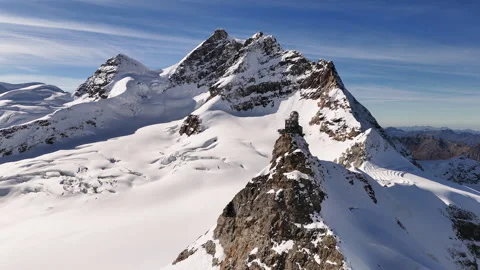 Wide drone view of the Sphinx Observatory against the dramatic snowy landscape Stock Footage 296587110