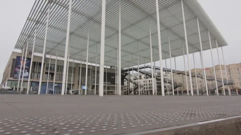 Wide dynamic shot of Theatre square building  Antwerp staircase with Stock Footage 276720158