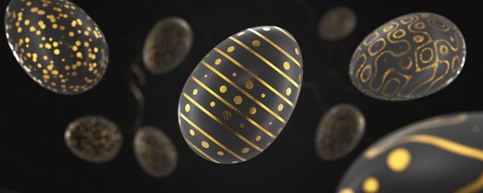 Wide Easter banner. Dark Easter eggs with gold pattern. 3d render. Illustrazione stock
