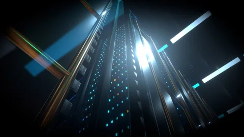 Wide edgy dramatic profile angle showcasing a massive data center, 4K Stock Footage 338215197