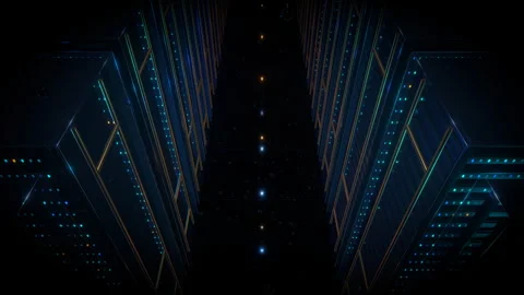 Wide elevated isometric vantage point observing a massive data center, 4K Stock Footage 338215547