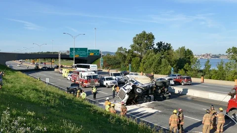 Wide elevated view of major crash aftermath with emergency workers on scene Video stock 113329081