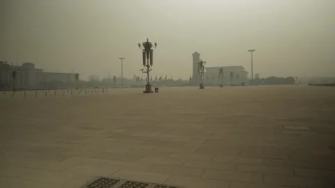 Wide Empty View of Tiananmen Square in Beijing on a Hazy Day Stock Footage 341782596
