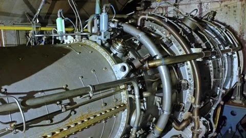 Wide engine test bay showing tubing and sensor arrays, pressure gauges, control Video stock 344722261