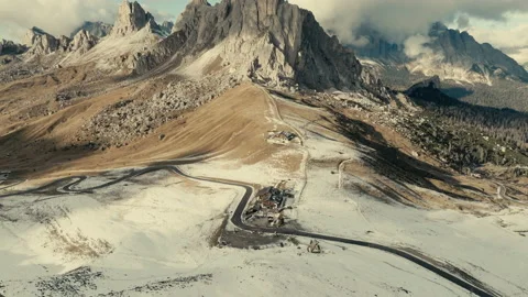 Wide epic winter landscape in the Alps. Aerial of dolomites on passo giau in. 動画素材 233854575