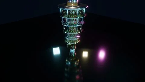 Wide Establishing View of Golden Quantum Computer, 4K Photo Stock Photos