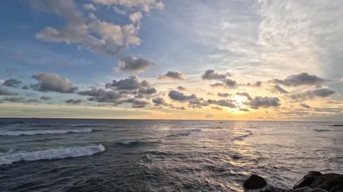 Wide Evening Timelapse of Strong Waves and Sunset on Sri Lanka Coast Stock Footage 339907211