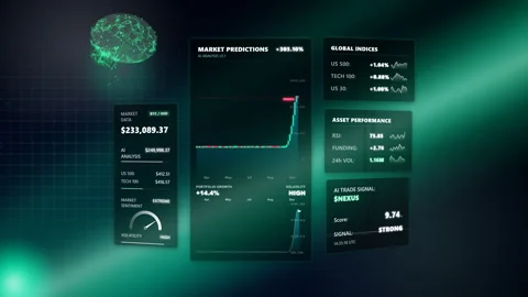 Wide extreme macro close-up inspecting a bull market dashboard, 4K Stock Footage 338406366
