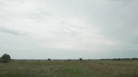 A wide field of dry grass under a cloudy overcast sky. Stock Footage 341332534