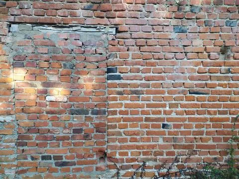 Wide, flat-lay shot of aged red brick wall Stock Photos