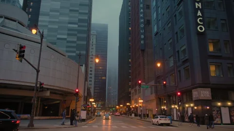 Wide footage of Elements Downtown Chicago Under a Layer of Fog. Chicago IL. USA Stock Footage 268306736