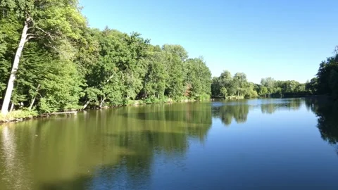 Wide forest lake panoramic view with blue sky Stock Footage 339356793