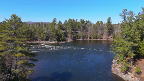Wide Forest River Bend in Spring – Aerial 4K Video Stock Footage 307461835