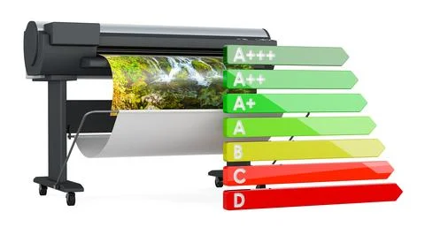 Wide format printer with energy efficiency chart, 3D rendering Stock Illustration