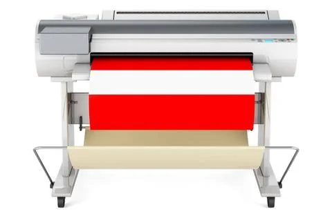 Wide format printer, plotter with Austrian flag. 3D rendering Wide format ... Fotos de archivo