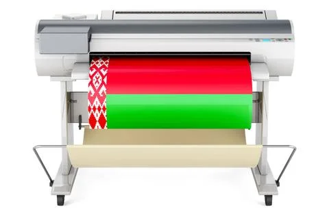 Wide format printer, plotter with Belarusian flag. 3D rendering Wide forma... Fotos de archivo