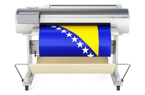 Wide format printer, plotter with Bosnian and Herzegovinan flag. 3D render... Fotos de archivo