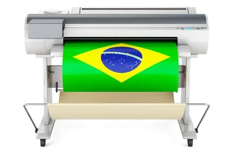 Wide format printer, plotter with Brazilian flag. 3D rendering Wide format... Fotos de archivo