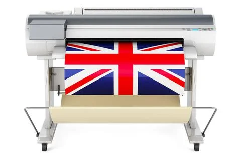 Wide format printer, plotter with British flag. 3D rendering Wide format p... Fotos de archivo