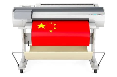 Wide format printer, plotter with Chinese flag. 3D rendering Wide format p... Fotos de archivo
