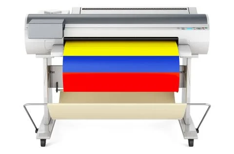 Wide format printer, plotter with Colombian flag. 3D rendering Wide format... Fotos de archivo