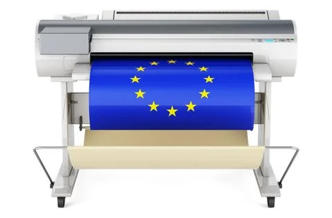 Wide format printer, plotter with the EU flag. 3D rendering Wide format pr... Fotos de archivo