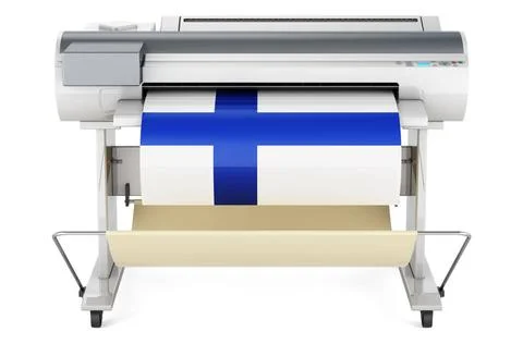 Wide format printer, plotter with Finnish flag. 3D rendering Wide format p... Stock Photos