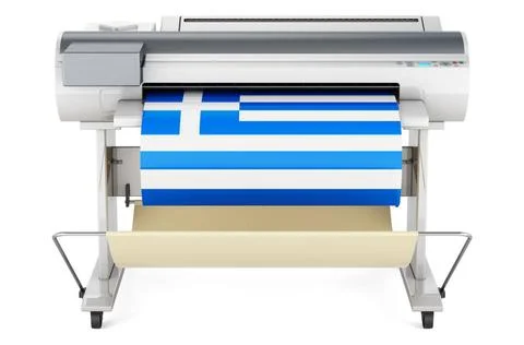 Wide format printer, plotter with Greek flag. 3D rendering Wide format pri... Fotos de archivo