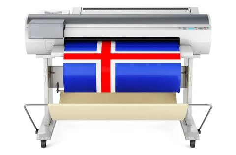 Wide format printer, plotter with Icelandic flag. 3D rendering Wide format... Fotos de archivo