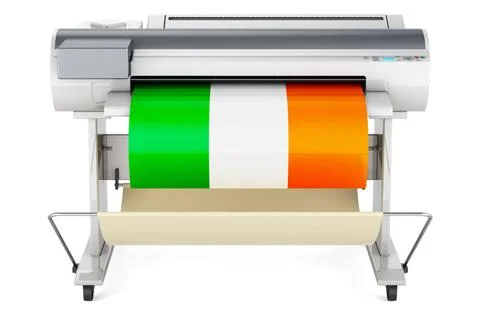 Wide format printer, plotter with Irish flag. 3D rendering Wide format pri... Fotos de archivo