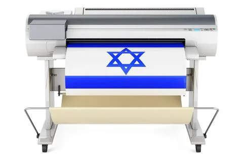 Wide format printer, plotter with Israeli flag. 3D rendering Wide format p... Fotos de archivo