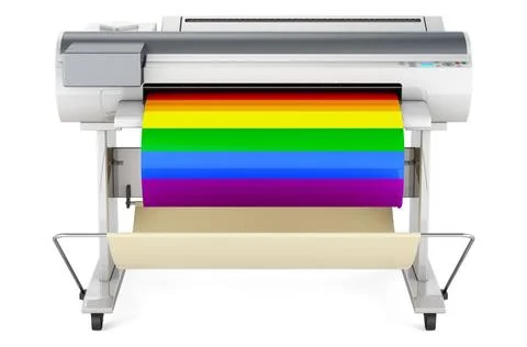 Wide format printer, plotter with LGBT flag. 3D rendering Wide format prin... Fotos de archivo