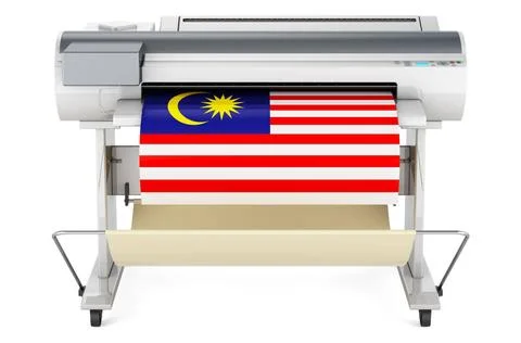 Wide format printer, plotter with Malaysian flag. 3D rendering Wide format... Fotos de archivo