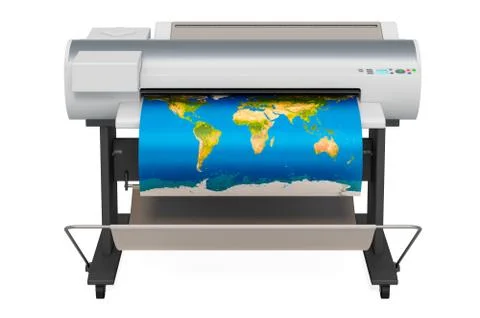 Wide Format Printer, plotter with map of world. 3D rendering Ilustración de archivo
