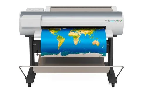 Wide Format Printer, plotter with map of world. 3D rendering Wide Format P... Fotos de archivo