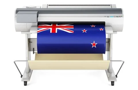 Wide format printer, plotter with New Zealand flag. 3D rendering Wide form... Fotos de archivo