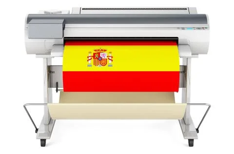 Wide format printer, plotter with Spanish flag. 3D rendering Wide format p... Fotos de archivo