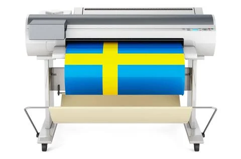 Wide format printer, plotter with Swedish flag. 3D rendering Wide format p... Fotos de archivo