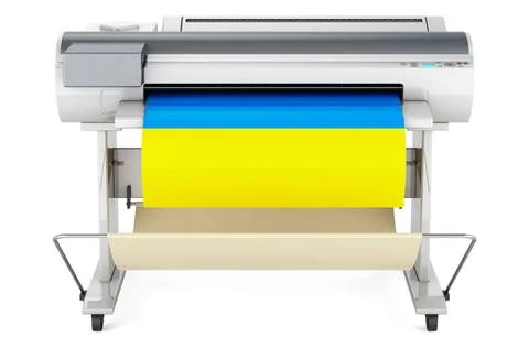 Wide format printer, plotter with Ukrainian flag. 3D rendering Wide format... Fotos de archivo